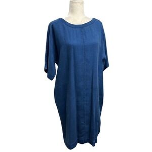 Pure Jill Indigo Womens Midi Dress Size M Lagenlook Chambray Short Sleeve Pocket